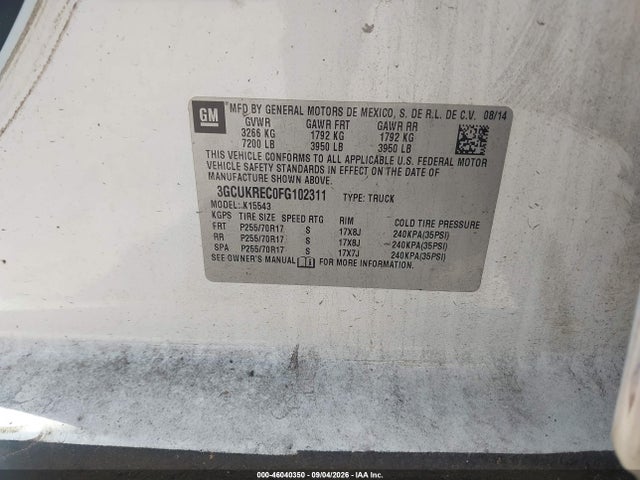 2015 Chevrolet Silverado 1500 Lt მანქანა იყიდება აუქციონზე, vin: 3GCUKREC0FG102311, აუქციონის ნომერი: 46040350