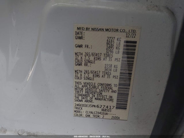 46040355 :رقم المزاد ، 1N6ED1EJ5PN627417 vin ، 2023 Nissan Frontier Sv 4x2 مزاد بيع
