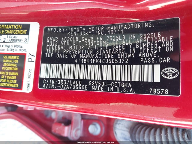 46040358 :رقم المزاد ، 4T1BK1FK4CU505372 vin ، 2012 Toyota Camry Xle V6 مزاد بيع