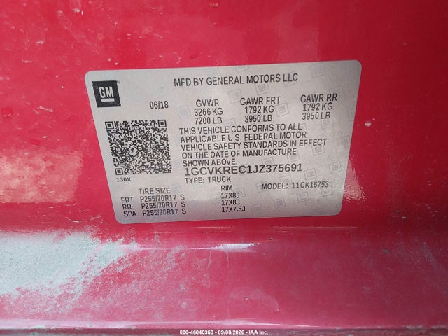 Продаж на аукціоні авто 2018 Chevrolet Silverado 1500 1lt, vin: 1GCVKREC1JZ375691, номер лоту: 46040360