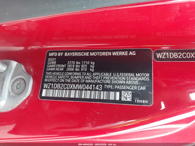 Продаж на аукціоні авто 2021 Toyota Gr Supra 2.0, vin: WZ1DB2C0XMW044143, номер лоту: 46040392