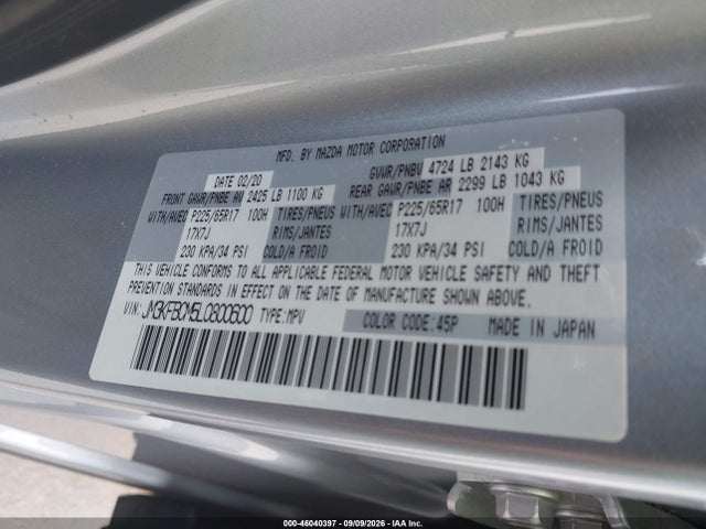Aukcja sprzedaży 2020 Mazda Cx-5 Touring, vin: JM3KFBCM5L0800600, numer aukcji: 46040397