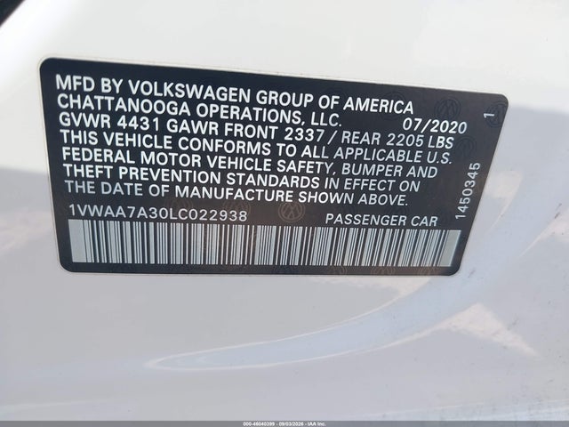 2020 Volkswagen Passat 2.0t S მანქანა იყიდება აუქციონზე, vin: 1VWAA7A30LC022938, აუქციონის ნომერი: 46040399