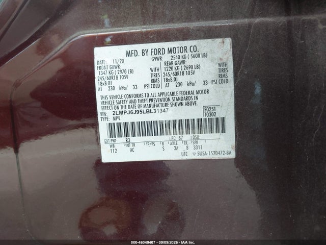 Продажа на аукционе авто 2020 Lincoln Nautilus Standard, vin: 2LMPJ6J95LBL31347, номер лота: 46040407