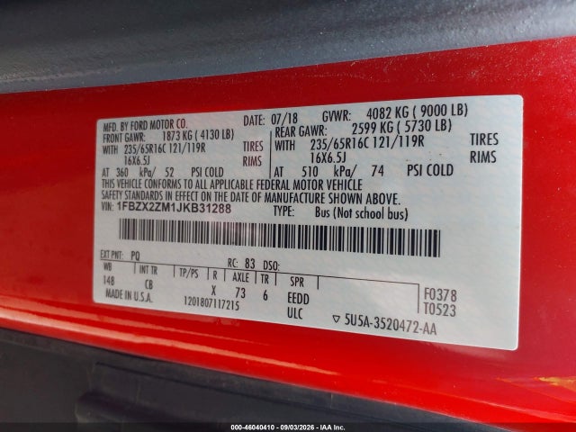 46040410 :رقم المزاد ، 1FBZX2ZM1JKB31288 vin ، 2018 Ford Transit-350 Xl مزاد بيع