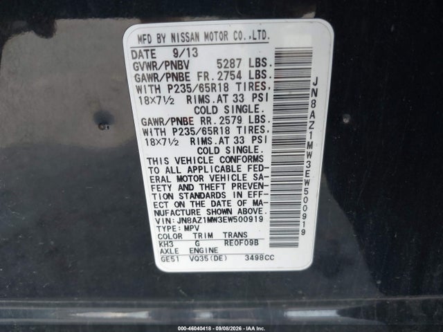 Aukcja sprzedaży 2014 Nissan Murano Sl, vin: JN8AZ1MW3EW500919, numer aukcji: 46040418