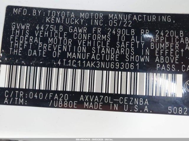 2022 Toyota Camry Le მანქანა იყიდება აუქციონზე, vin: 4T1C11AK3NU693061, აუქციონის ნომერი: 46040426