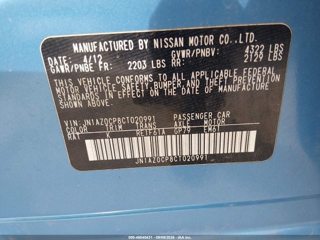 Продаж на аукціоні авто 2012 Nissan Leaf Sl, vin: JN1AZ0CP8CT020991, номер лоту: 46040431