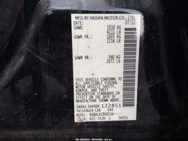 46040444 :رقم المزاد ، 1N4AL3AP6DC122851 vin ، 2013 Nissan Altima 2.5 S مزاد بيع