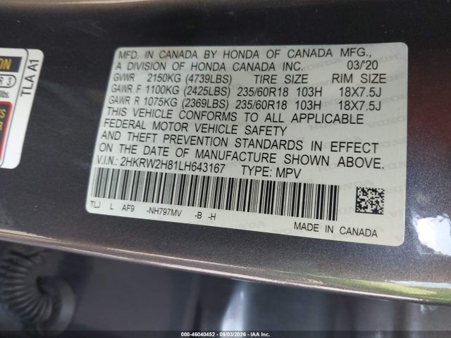 Продажа на аукционе авто 2020 Honda Cr-v Awd Ex-l, vin: 2HKRW2H81LH643167, номер лота: 46040452