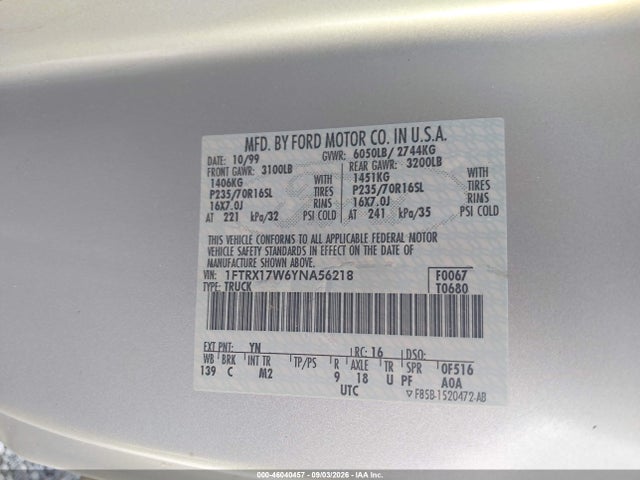 46040457 :رقم المزاد ، 1FTRX17W6YNA56218 vin ، 2000 Ford F-150 Lariat/work Series/xl/xlt مزاد بيع