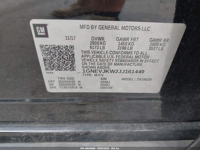 46040466 :رقم المزاد ، 1GNEVJKW2JJ161449 vin ، 2018 Chevrolet Traverse Premier مزاد بيع