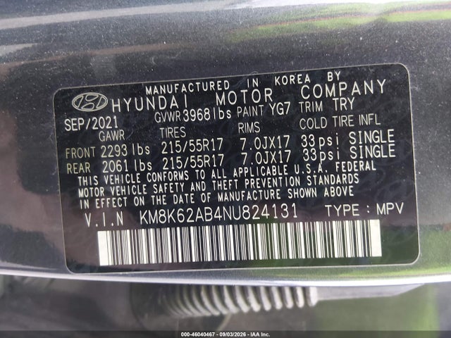 46040467 :رقم المزاد ، KM8K62AB4NU824131 vin ، 2022 Hyundai Kona Sel مزاد بيع
