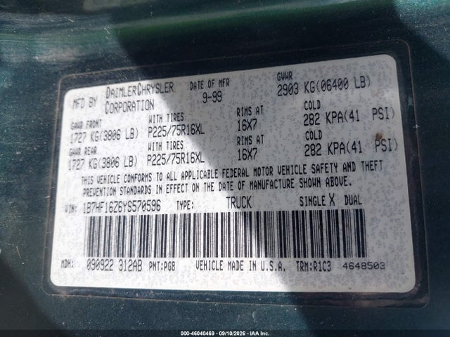 Продажа на аукционе авто 2000 Dodge Ram 1500 St, vin: 1B7HF16Z6YS570596, номер лота: 46040469