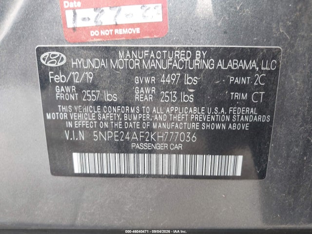 2019 Hyundai Sonata Se მანქანა იყიდება აუქციონზე, vin: 5NPE24AF2KH777036, აუქციონის ნომერი: 46040471