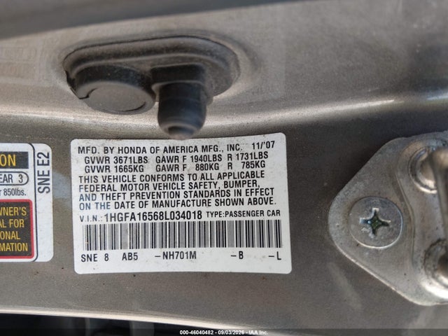 Aukcja sprzedaży 2008 Honda Civic Lx, vin: 1HGFA16568L034018, numer aukcji: 46040482