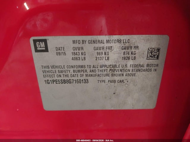 46040483 :رقم المزاد ، 1G1PE5SB8G7160133 vin ، 2016 Chevrolet Cruze Limited 1lt Auto مزاد بيع