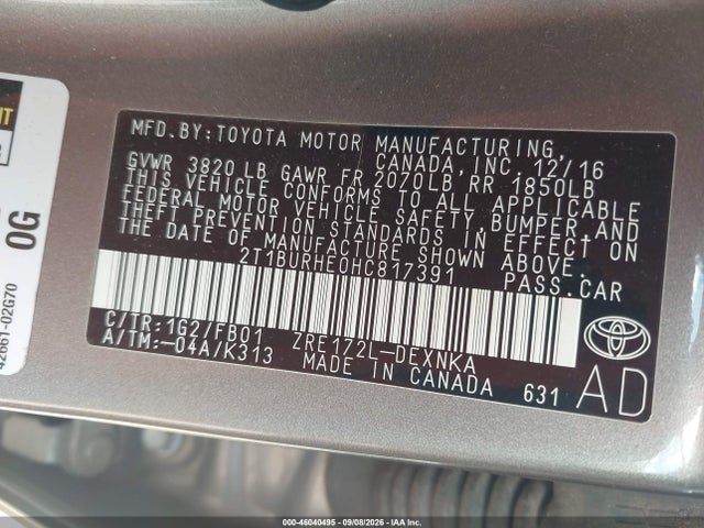 46040495 :رقم المزاد ، 2T1BURHE0HC817391 vin ، 2017 Toyota Corolla Le مزاد بيع