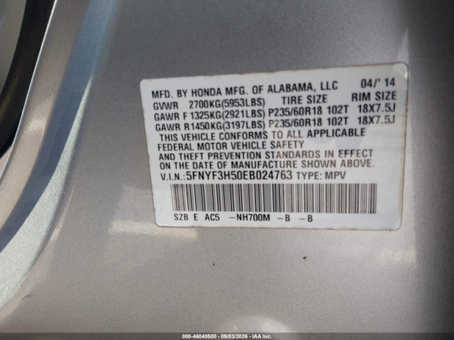 Aukcja sprzedaży 2014 Honda Pilot Ex-l, vin: 5FNYF3H50EB024763, numer aukcji: 46040500