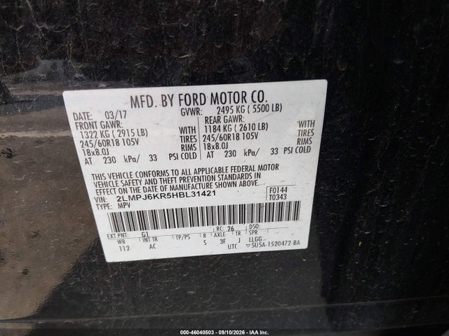 Auction sale of the 2017 Lincoln Mkx Select, vin: 2LMPJ6KR5HBL31421, lot number: 46040503