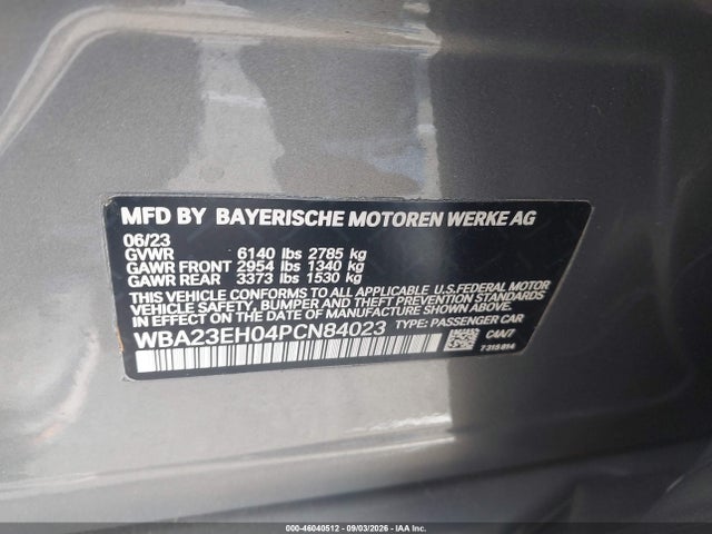 Aukcja sprzedaży 2023 Bmw 740 I, vin: WBA23EH04PCN84023, numer aukcji: 46040512