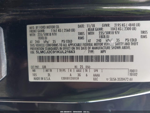 Aukcja sprzedaży 2019 Lincoln Mkc Select, vin: 5LMCJ2C91KUL21663, numer aukcji: 46040518