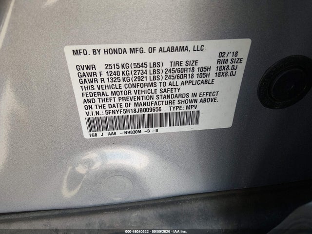 2018 Honda Pilot Lx მანქანა იყიდება აუქციონზე, vin: 5FNYF5H18JB009656, აუქციონის ნომერი: 46040522