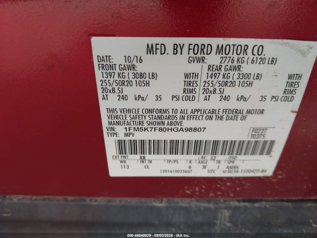 46040529 :رقم المزاد ، 1FM5K7F80HGA98807 vin ، 2017 Ford Explorer Limited مزاد بيع