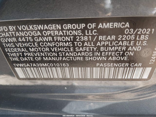 46040528 :رقم المزاد ، 1VWSA7A39MC010163 vin ، 2021 Volkswagen Passat 2.0t Se مزاد بيع