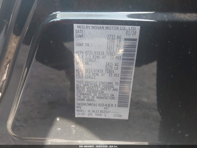 Продаж на аукціоні авто 2019 Nissan Pathfinder Sv, vin: 5N1DR2MM5KC604883, номер лоту: 46040537