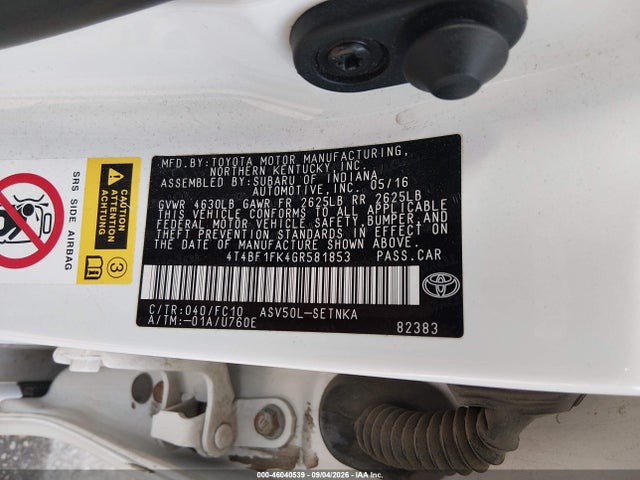 2016 Toyota Camry Le მანქანა იყიდება აუქციონზე, vin: 4T4BF1FK4GR581853, აუქციონის ნომერი: 46040539
