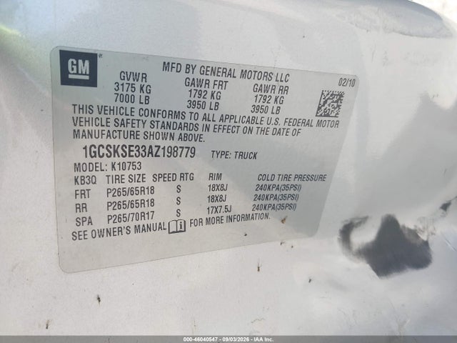 46040547 :رقم المزاد ، 1GCSKSE33AZ198779 vin ، 2010 Chevrolet Silverado 1500 Lt مزاد بيع