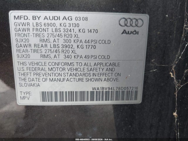 Auction sale of the 2008 Audi Q7 4.2 Premium, vin: WA1BV94L78D057216, lot number: 46040553