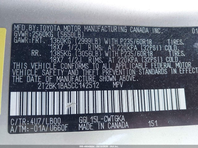 46040554 :رقم المزاد ، 2T2BK1BA5CC142512 vin ، 2012 Lexus Rx 350 مزاد بيع