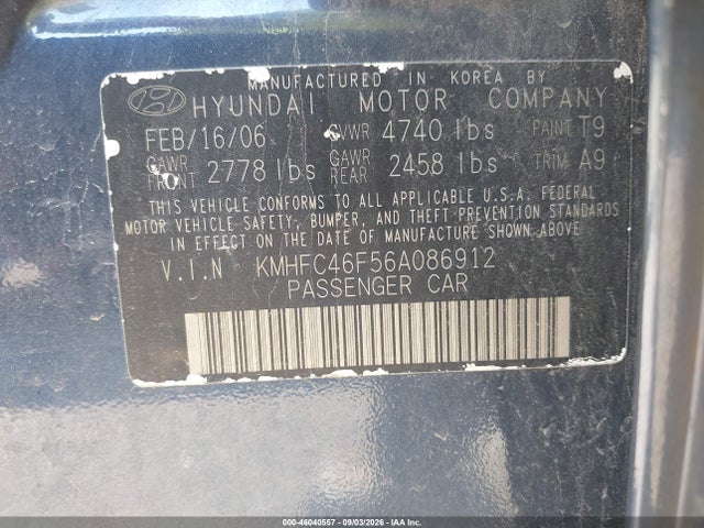 2006 Hyundai Azera Limited/se მანქანა იყიდება აუქციონზე, vin: KMHFC46F56A086912, აუქციონის ნომერი: 46040557