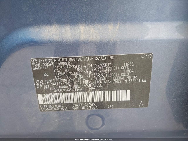 2010 Toyota Rav4 Limited V6 მანქანა იყიდება აუქციონზე, vin: 2T3YK4DV4AW008349, აუქციონის ნომერი: 46040564