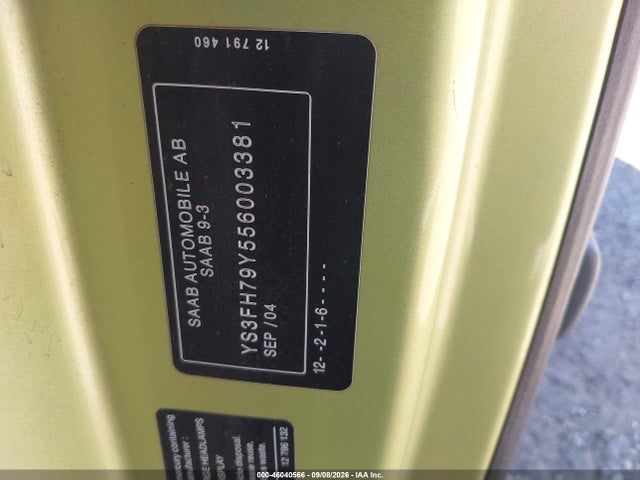 Aukcja sprzedaży 2005 Saab 9-3 Aero, vin: YS3FH79Y556003381, numer aukcji: 46040566