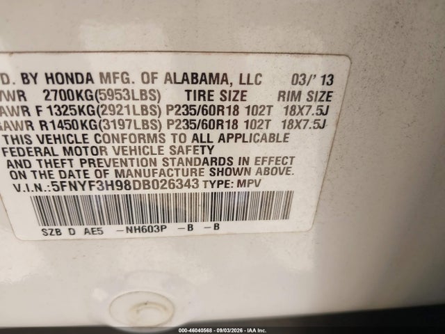 Продаж на аукціоні авто 2013 Honda Pilot Touring, vin: 5FNYF3H98DB026343, номер лоту: 46040568