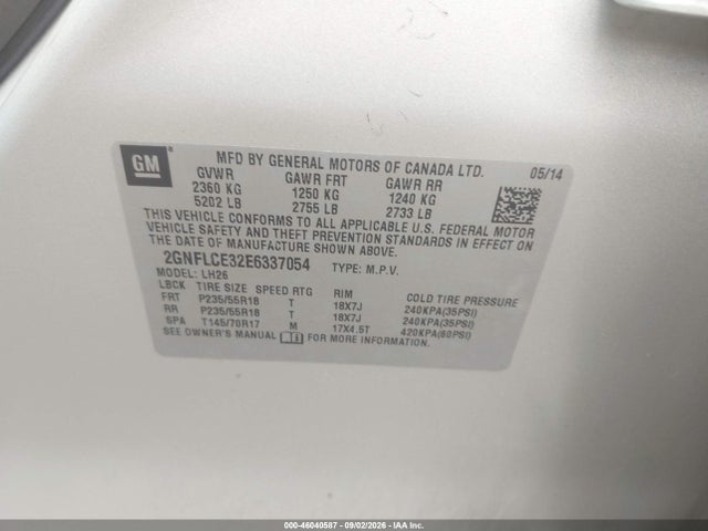 46040587 :رقم المزاد ، 2GNFLCE32E6337054 vin ، 2014 Chevrolet Equinox 2lt مزاد بيع