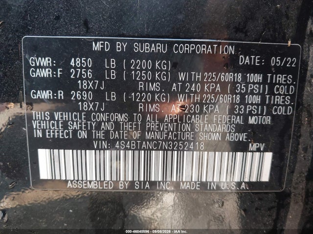 46040596 :رقم المزاد ، 4S4BTANC7N3252418 vin ، 2022 Subaru Outback Limited مزاد بيع