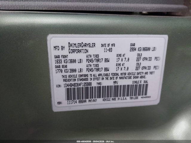 Aukcja sprzedaży 2004 Dodge Durango Slt, vin: 1D4HB48D64F125988, numer aukcji: 46040599