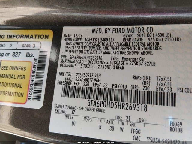 2017 Ford Fusion Se მანქანა იყიდება აუქციონზე, vin: 3FA6P0HD5HR269318, აუქციონის ნომერი: 46040603