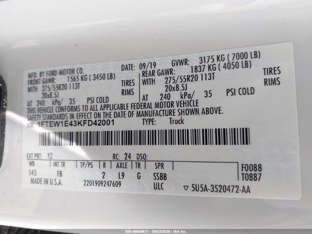 Продажа на аукционе авто 2019 Ford F-150 Xlt, vin: 1FTEW1E43KFD42001, номер лота: 46040617