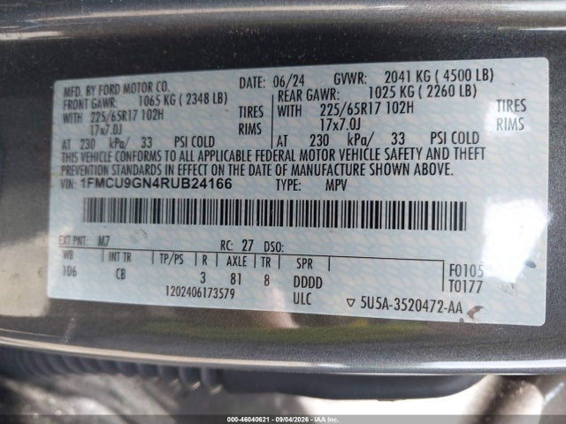 Продажа на аукционе авто 2024 Ford Escape Active, vin: 1FMCU9GN4RUB24166, номер лота: 46040621