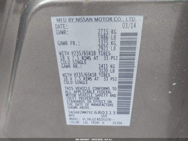 5N1AR2MM7EC680113 Nissan Pathfinder Sl
