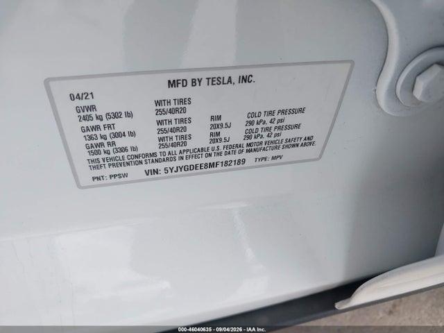 Продаж на аукціоні авто 2021 Tesla Model Y Long Range Dual Motor All-wheel Drive, vin: 5YJYGDEE8MF182189, номер лоту: 46040635