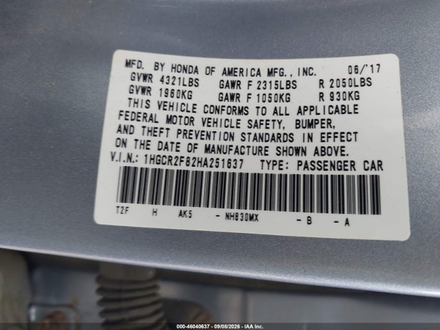Продажа на аукционе авто 2017 Honda Accord Ex-l, vin: 1HGCR2F82HA251637, номер лота: 46040637