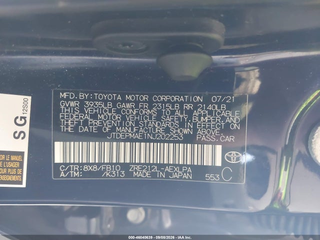 Продажа на аукционе авто 2022 Toyota Corolla Le, vin: JTDEPMAE1NJ202253, номер лота: 46040639