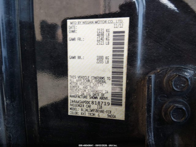 2013 Nissan Maxima 3.5 Sv მანქანა იყიდება აუქციონზე, vin: 1N4AA5AP0DC818719, აუქციონის ნომერი: 46040641