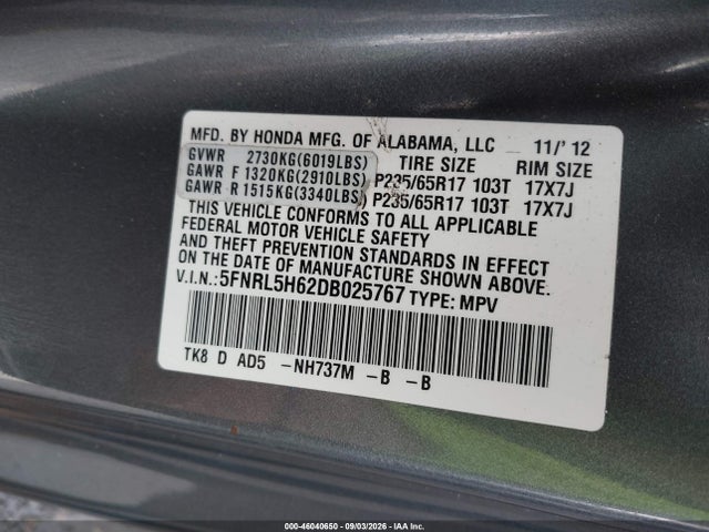 Продажа на аукционе авто 2013 Honda Odyssey Ex-l, vin: 5FNRL5H62DB025767, номер лота: 46040650